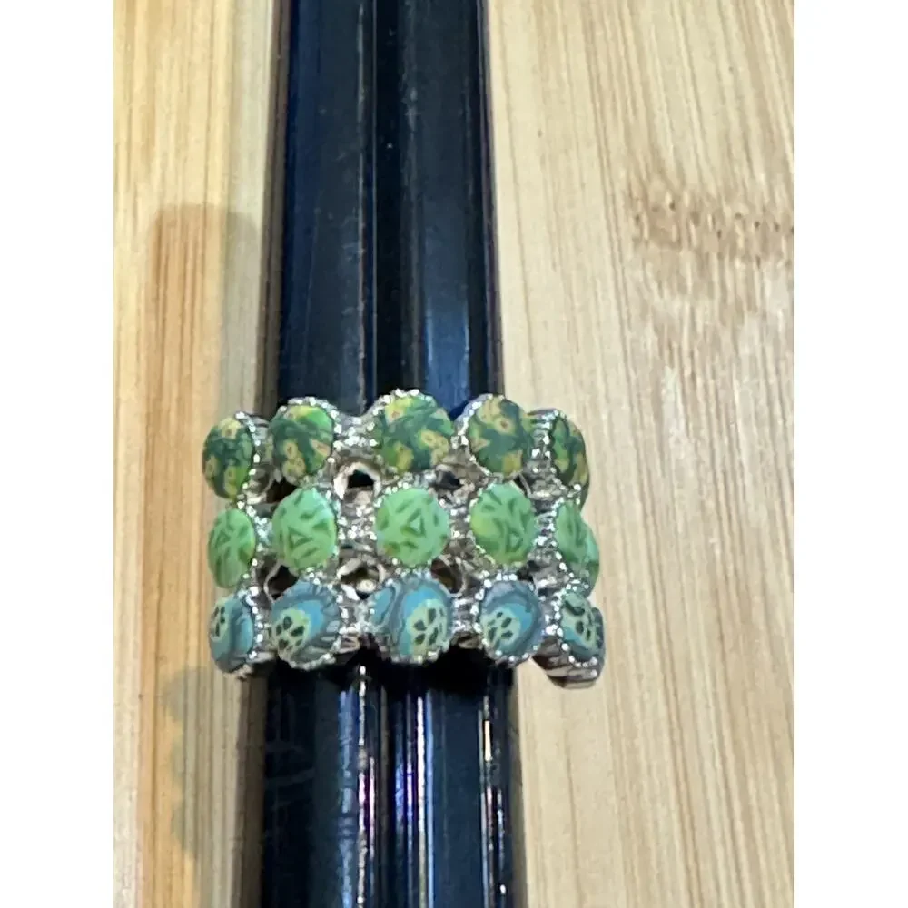 Viva Beads Green Hand Painted Statement Ring Silver Tone Wide Band Size 6.75